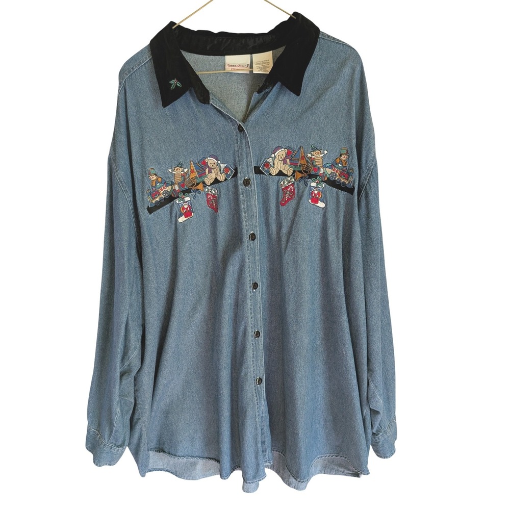 Bobbie Brooks Denim Shirt Women 26W Christmas Embroidered Holiday Velvet Collar